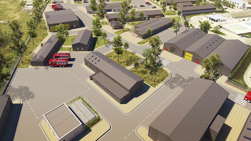 Μια φωτογραφία τεχνητά φτιαγμένη σαν να είναι τραηγμένη από drone που δείχνει τη διάταξη των κτηρίων, των δρόμων και του πρασινου 