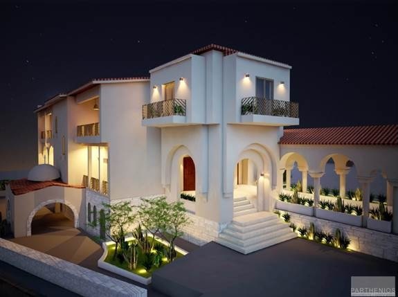 Ένα τρισδιάστατο μοντέλο του εξωτερικού χώρου του κτιρίου του Ξενώνα Ανακουφιστικής Φροντίδας, το οποίο έχει σύγχρονο σχεδιασμό με δύο ορόφους.