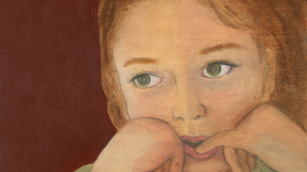 Ένα έργο τέχνης που απεικονίζει το πρόσωπο ενός νεαρού κοριτσιού το οποίο ακουμπάει τα χέρια του στο πρόσωπό του και στα χείλη του 