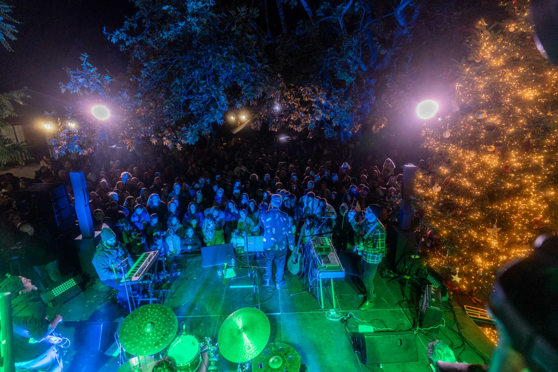 Πλήθος κόσμου παρακολουθεί τη συναυλία του Φοίβου Δελοβοριά και της μπάντας του, και γύρω τους υπάρχουν χριστουγεννιάτικα στολισμένα δέντρα.