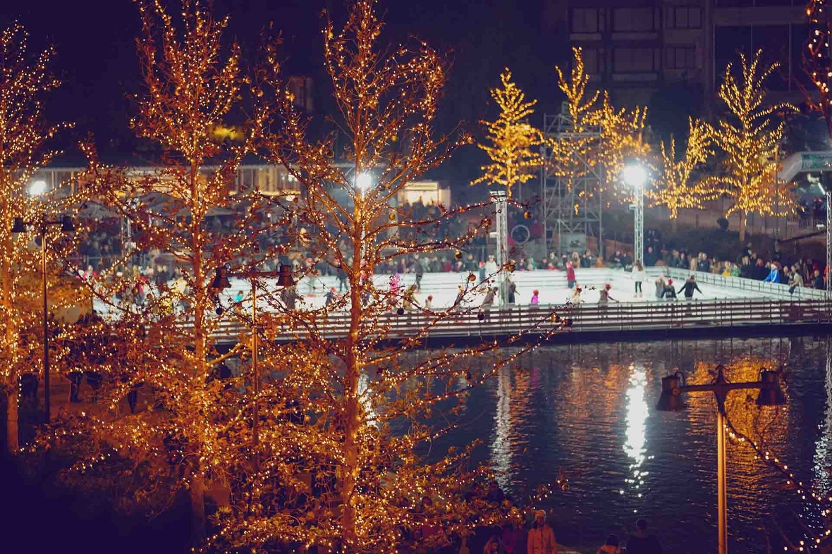 Φωτογραφία που δείχνει χριστουγεννιάτικα στολισμένα έλατα πίσω από τα οποία φάινεται μια λίμνη και ένα παγοδρόμιο 