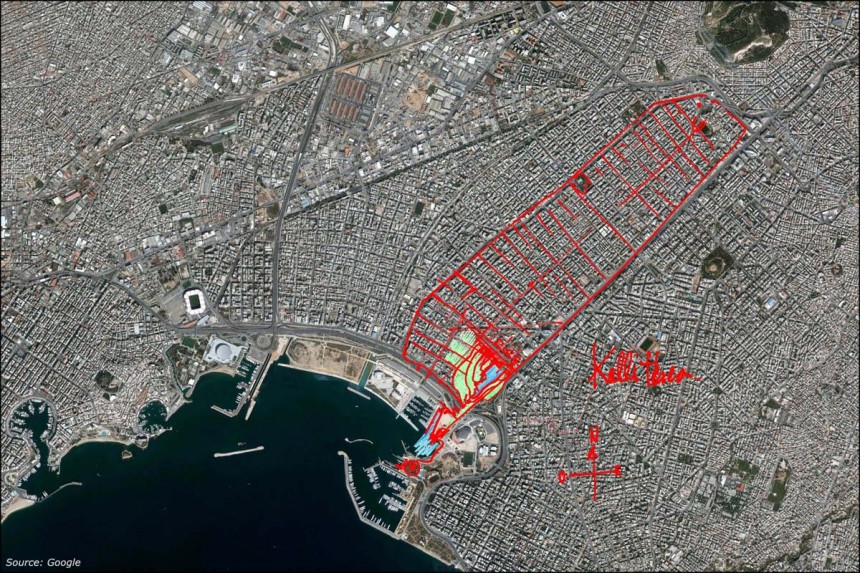 Φωτογραφία τραβηγμένη από δορυφόρο δείχνει με κόκκινο χρώμα την έκταση που θα έχει η κατασκευή του Κέντρου Πολιτισμού Ίδρυμα Σταύρος Νιάρχος