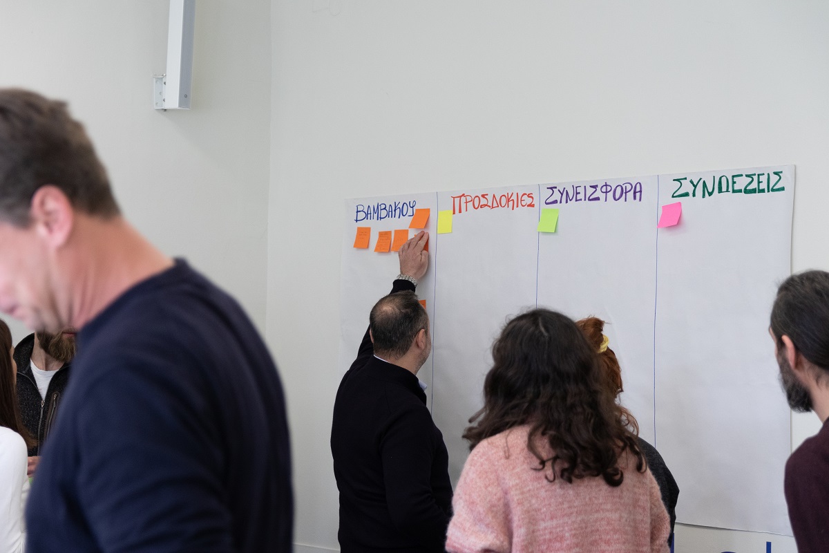 Άνθρωποι κατηγιοποιούν αυτοκόλλητα σημειωματάκια σε τέσσερις στήλες:  1) Βαμβακού, 2) Προσδοκίες, 3) Συνεισφορά, 4) Συνδέσεις.