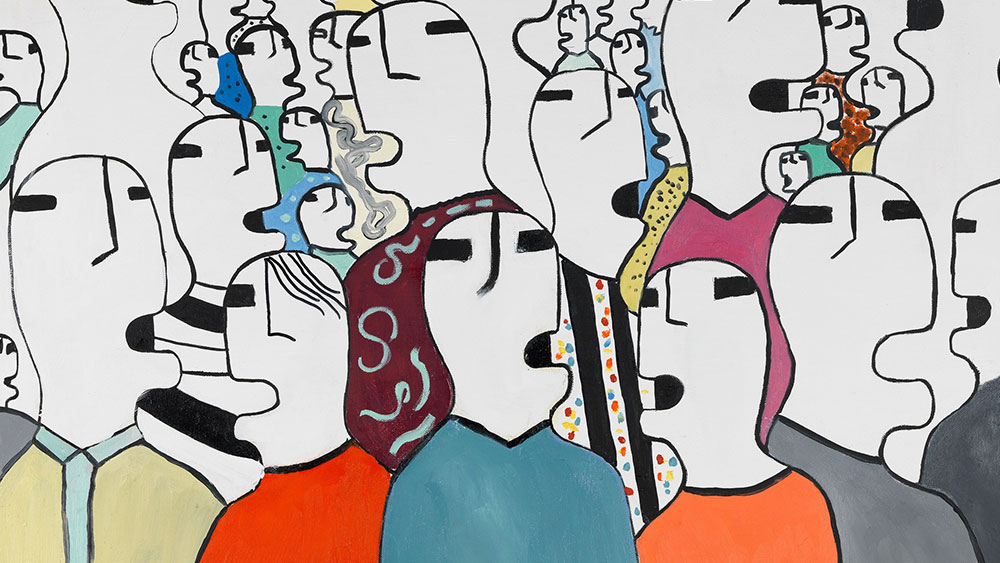 Ένα αφηρημένο έργο τέχνης το οποίο απεικονίζει πολλούς ανθρώπους να μιλάνε 