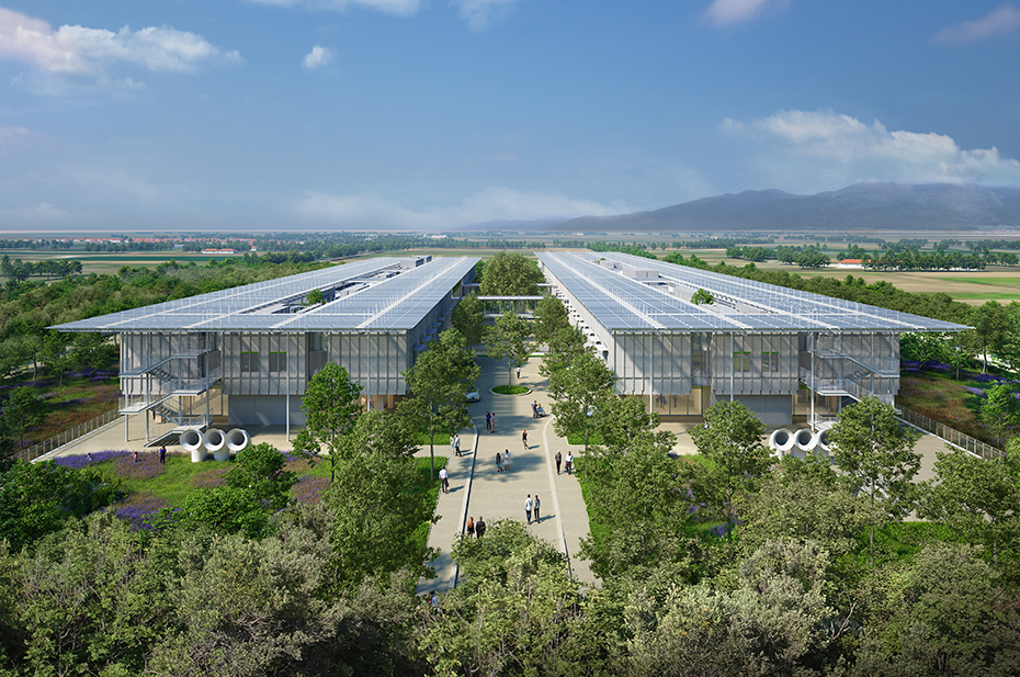 Φωτογραφία που δείχνει από πάνω δύο παράλληλα κτήρια τα οποία περιβάλλονται από δέντρα 