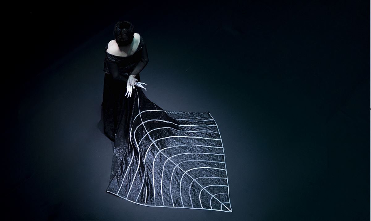 Μια γυναίκα με ένα περίτεχνα λεπτομερές φόρεμα στέκεται κομψά στην Εναλλακτική Σκηνή της Εθνικής Λυρικής Σκηνής