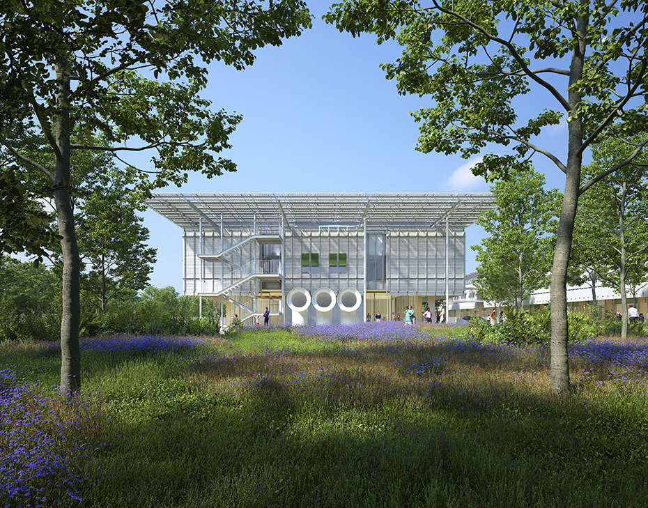 Φωτογραφία που δέιχνει έναν κήπο γεμάτο λουλούδια και δέντρα μπροστά από ένα μεγάλο λευκό κτήριο