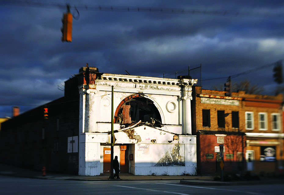 The outside of the Baltimore Parkway Theatre when it was languishing in disuse