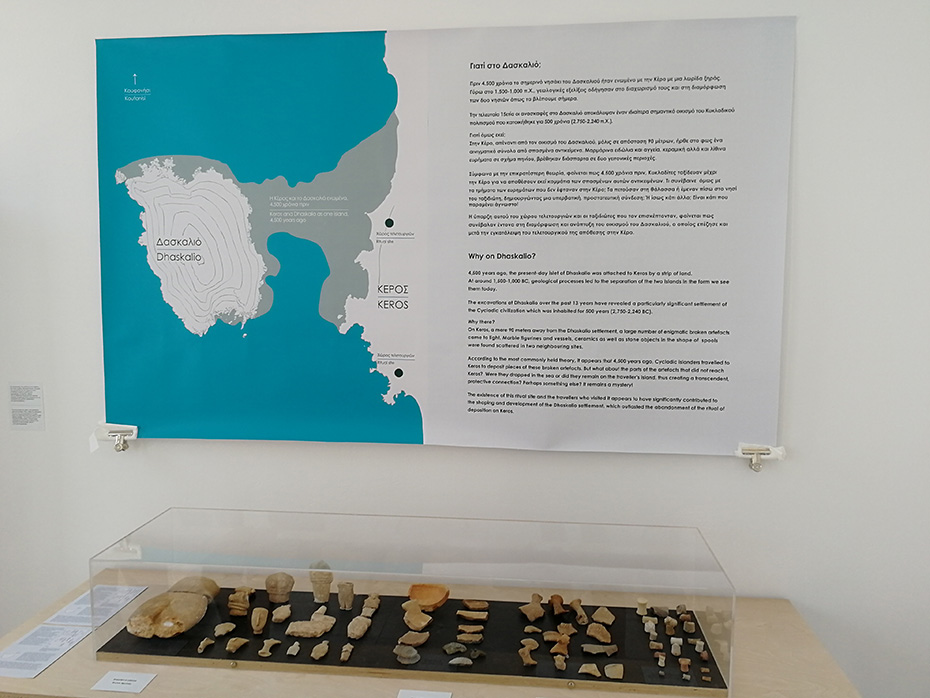 Αφίσα με πληροφορίες για το νησάκι του Δασκαλιού, πάνω από μια συλλογή από θραύσματα κυκλαδικών ειδωλίων που εκτίθονται μέσα σε γυαλί