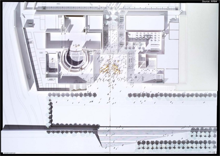 Φωτογραφία που δείχνει ένα σχέδιο το οποίο απεικονίζει την από πάνω όψη μιας κτηριακής κατασκευής