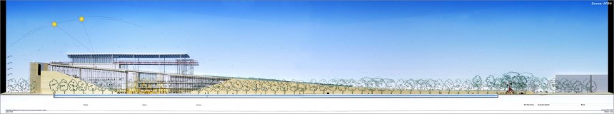 Φωτογραφία που δείχνει το σχέδιο μιας καταστευής η οποία θα αποτελείται από ένα μεγάλο γυάλινο κτήριο και μπορστά θα έχει ένα μεγάλο κήπο