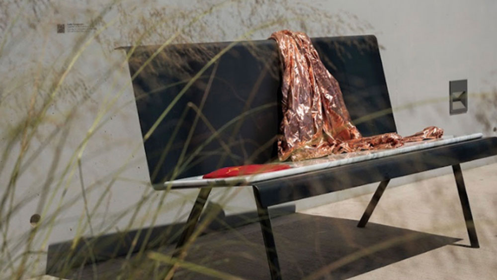 One of the artworks displayed at Delta restaurant, which includes some objects placed on a bench